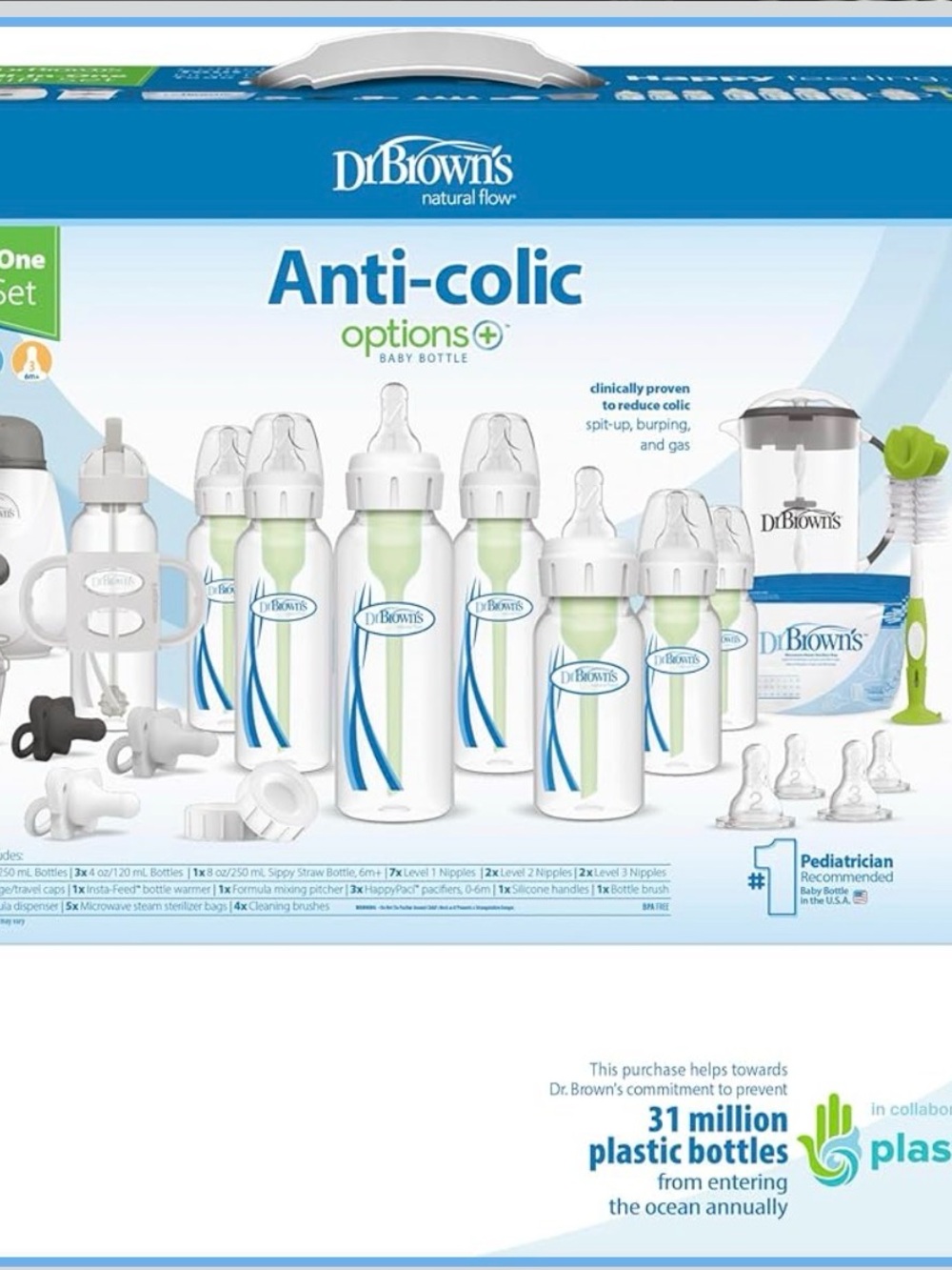 Dr. Brown's Anti-Colic Options+ Baby Bottle Set - with two bottle warmers